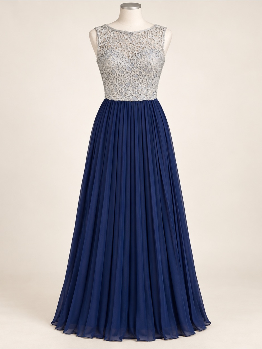B. Darlin Navy Silver Metallic Lace Pleated Chiffon Formal Gown 5/6